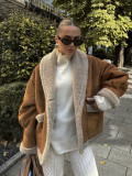 Autumn Winter Women's Woolen Coat Turndown Collar Loose Fur Fleece Jacket