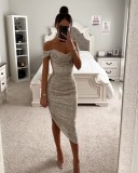 Spring Autumn Sequin Off Shoulder Fashion Party Women's Dress