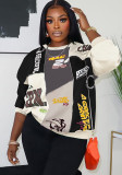 Autumn Trend Contrast Color Patchwork Letter Print Top Loose Round Neck Long Sleeve T-Shirt