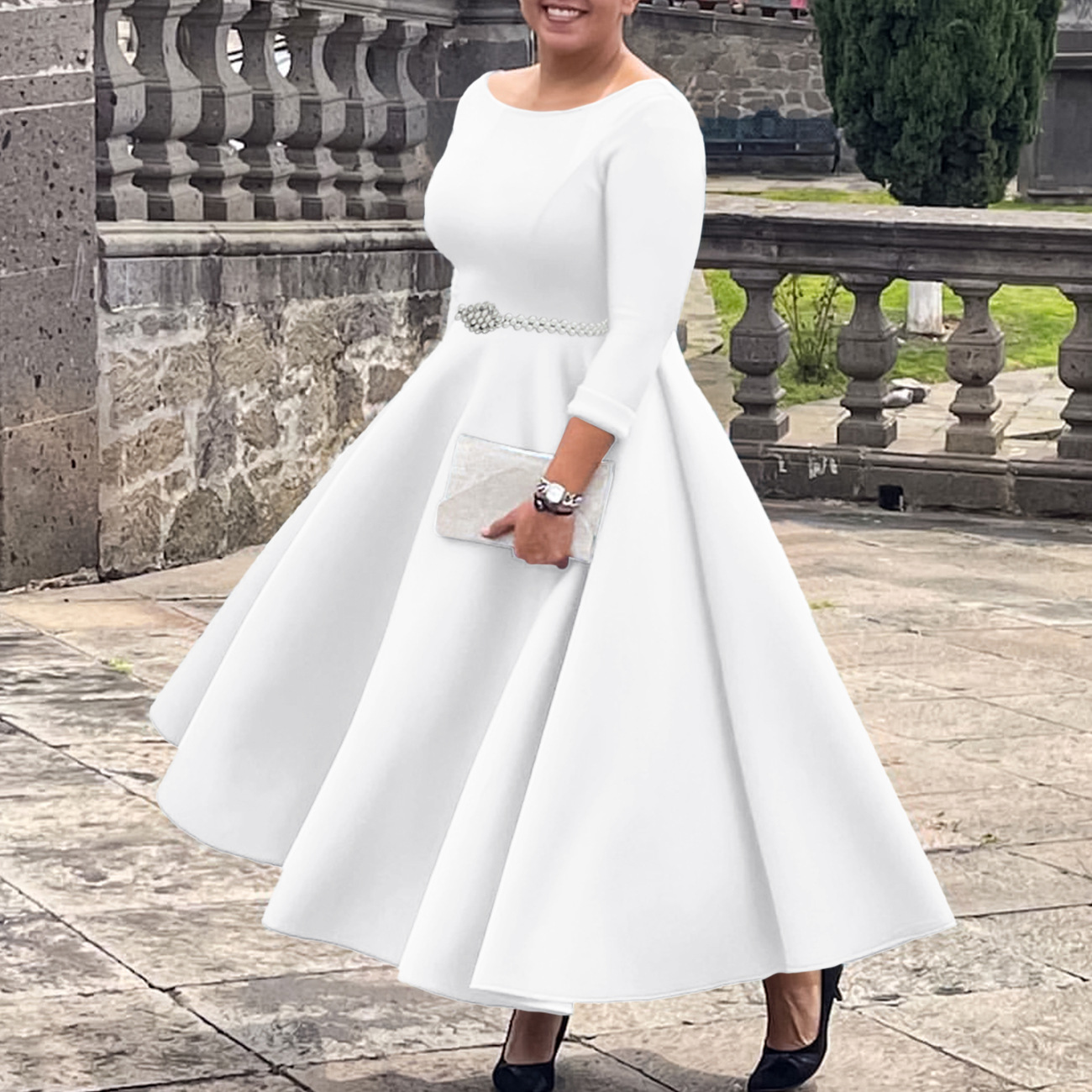 Autumn Winter Solid Color Elegant A-Line Chic Evening Dress