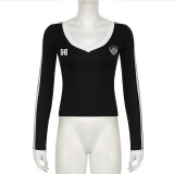 Women American Long Sleeve T-shirt Autumn V Neck Digital Stripe Patchwork Top