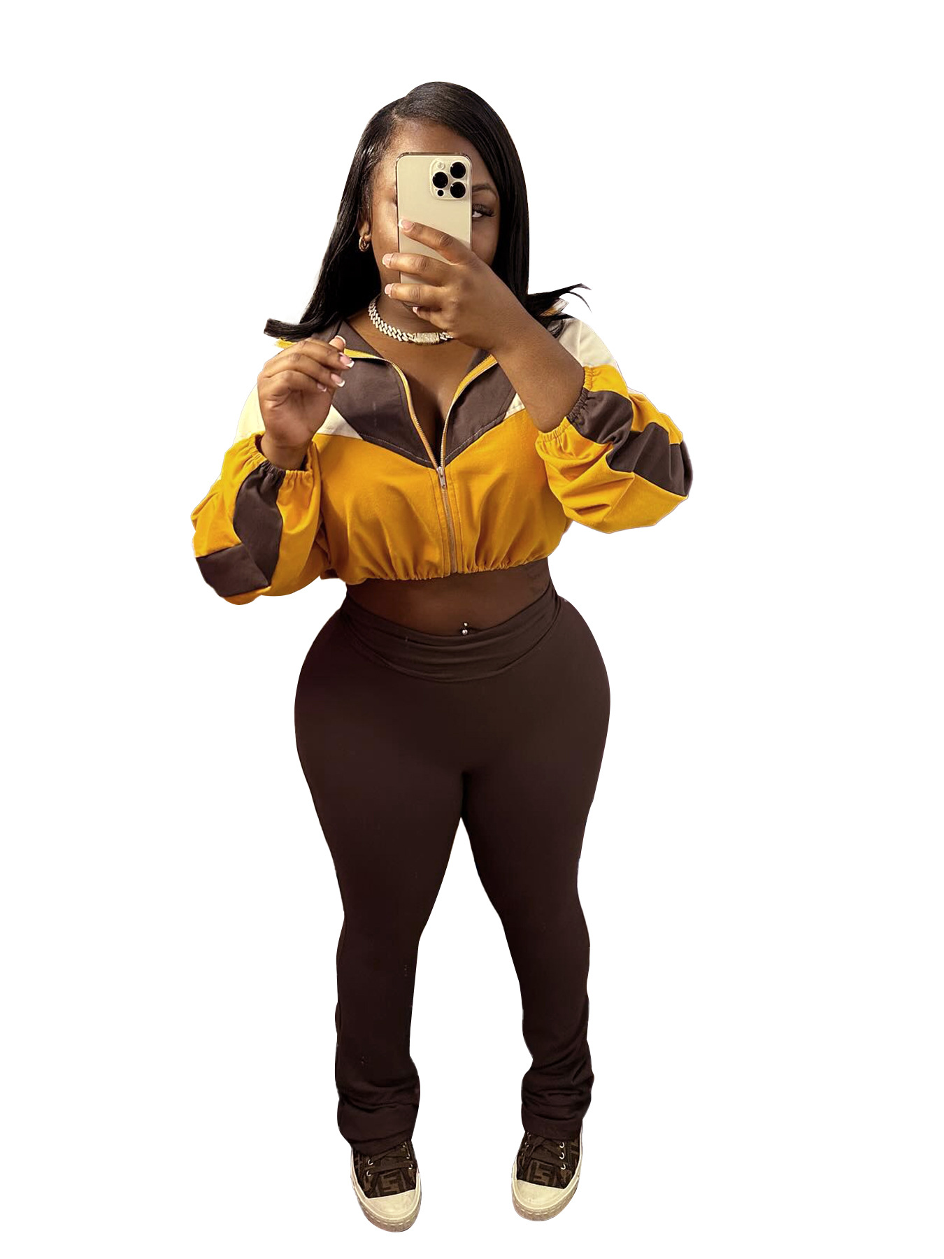 Sports Casual Women's Color Matching Crop High Waist Micro Bell Two-Piece Pants Set