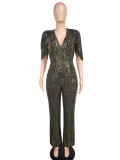 Sexy V-Neck Half-Sleeve Slim Sequin Women Party Jumpsuit