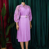Women Solid lace hook flower hollow pleated dress