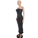 Women's Strapless Mesh Beaded Feather Slit Sexy Fashion Black Dress