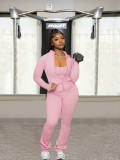 Women's Fashion Solid Color Pocket Zipper High Collar Jacket Casual Jumpsuit Sports Two-Piece Set
