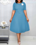 Plus Size Women summer Round Neck African pleated dress with belt