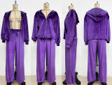 Women Casual Velvet zipper hooded top and wide-leg pants Two Piece Set