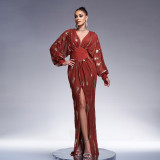 Women long sleeve V-neck sexy sequin Formal Party Maxi evening dress