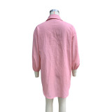 Spring Summer Women's Fashion Solid Color Linen Loose Turndown Collar Top Shirt