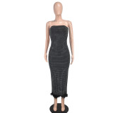 Women's Strapless Mesh Beaded Feather Slit Sexy Fashion Black Dress