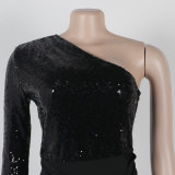 One-Shoulder Long-Sleeved Slim Waist Slit Sequin Dress