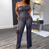 Women Printed Sleeveless Strapless Elastic Bodycon Wide Leg Jumpsuit