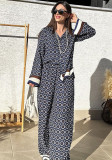 Women Casual Print Long Sleeve Shirt and Long Pants Two-piece Set