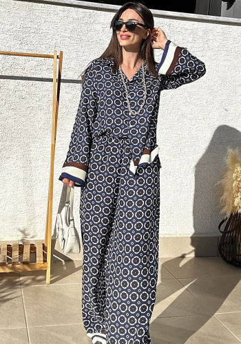 Women Casual Print Long Sleeve Shirt and Long Pants Two-piece Set