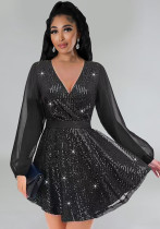 Women Sequin Party Long Sleeve Mini Dress