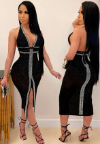 Women Sexy V-Neck Lace-Up Backless Beaded Dress