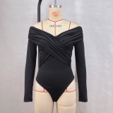 Women Sexy Solid V-neck Off-shoulder Patchwork Long Sleeve Bodysuit