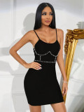 Women Solid Suspender Beaded Backless Bodycon Dress