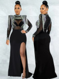 Women Sexy See-Through Mesh Beaded Slit Dress