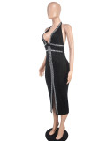 Women Sexy V-Neck Lace-Up Backless Beaded Dress