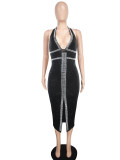 Women Sexy V-Neck Lace-Up Backless Beaded Dress
