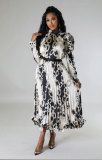 Women Fall Casual Long Sleeve Pleated Print Top and Skirt Two-Piece Set
