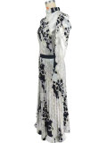 Women Fall Casual Long Sleeve Pleated Print Top and Skirt Two-Piece Set