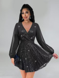 Women Sequin Party Long Sleeve Mini Dress