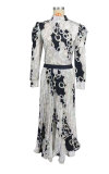 Women Fall Casual Long Sleeve Pleated Print Top and Skirt Two-Piece Set