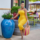 Women sexy chest wrap pleated Solid Maxi Dress