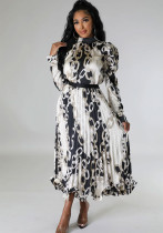 Women Fall Casual Long Sleeve Pleated Print Top and Skirt Two-Piece Set