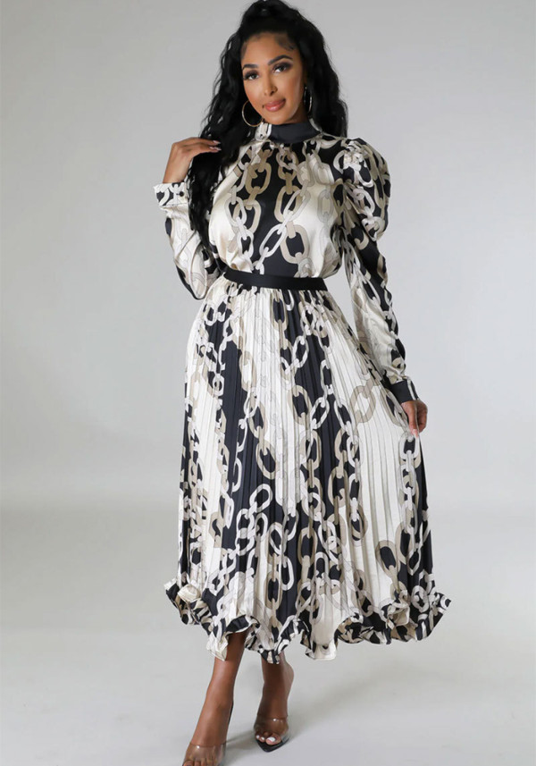 Women Fall Casual Long Sleeve Pleated Print Top and Skirt Two-Piece Set