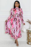 Women Fall Casual Long Sleeve Pleated Print Top and Skirt Two-Piece Set