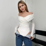 Women Sexy Solid V-neck Off-shoulder Patchwork Long Sleeve Bodysuit