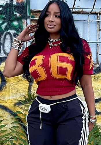 Women summer Patchwork print mesh sports short sleeve Top