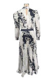 Women Fall Casual Long Sleeve Pleated Print Top and Skirt Two-Piece Set