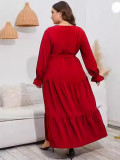 Plus Size Women V-Neck Long Sleeve Pleated Dress