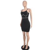 Women Solid Suspender Beaded Backless Bodycon Dress