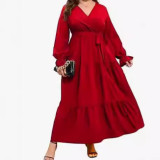 Plus Size Women V-Neck Long Sleeve Pleated Dress