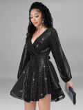 Women Sequin Party Long Sleeve Mini Dress