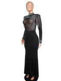 Women Sexy See-Through Mesh Beaded Slit Dress