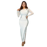 Women Long Sleeve Backless Slit Dress