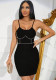 Women Solid Suspender Beaded Backless Bodycon Dress