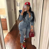 Women Washed Stretch Long Sleeve Denim Jumpsuit