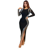 Women Long Sleeve Backless Slit Dress