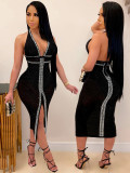 Women Sexy V-Neck Lace-Up Backless Beaded Dress