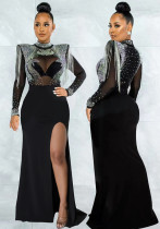 Women Sexy See-Through Mesh Beaded Slit Dress