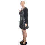 Women Sequin Party Long Sleeve Mini Dress