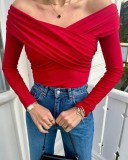 Women Sexy Solid V-neck Off-shoulder Patchwork Long Sleeve Bodysuit